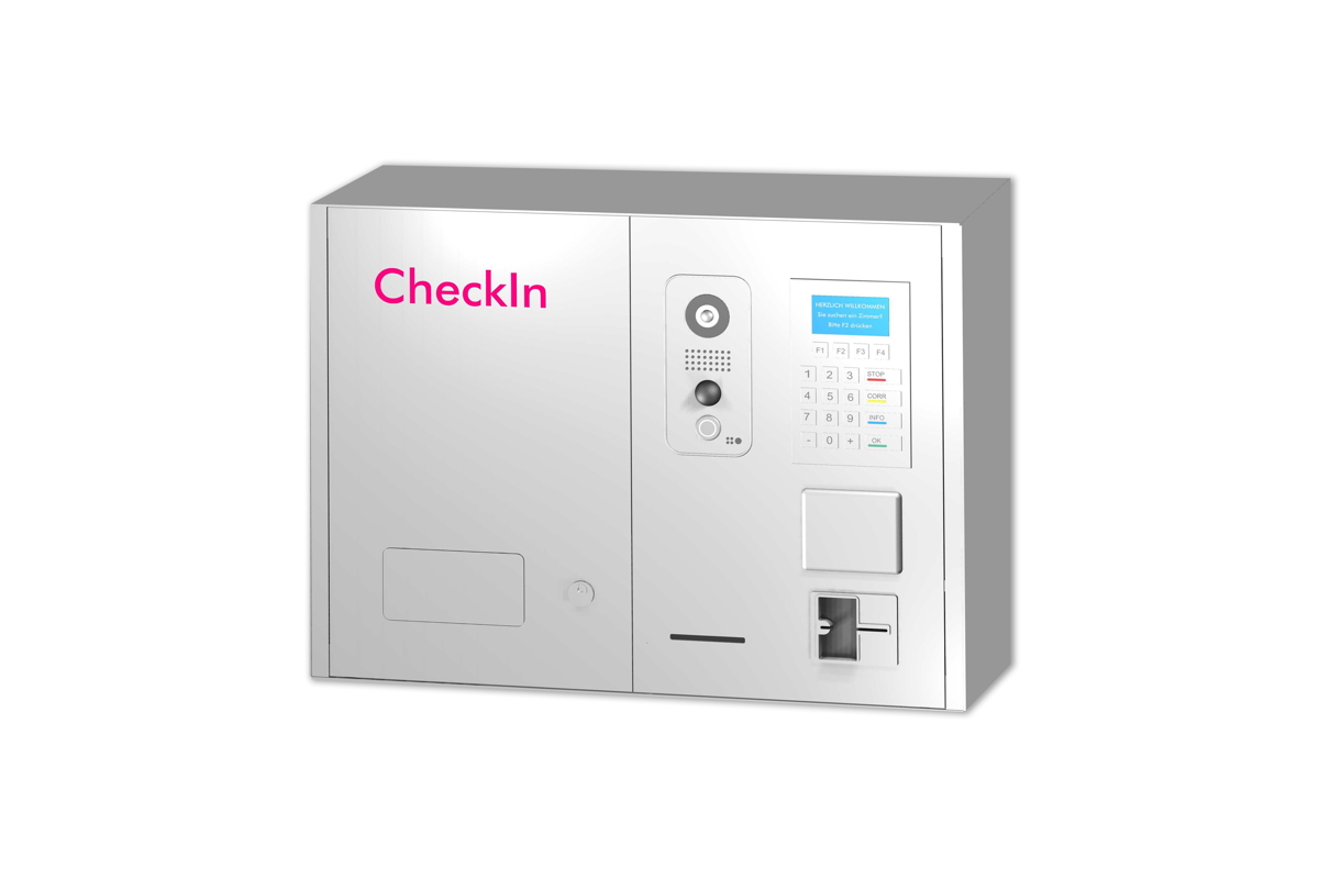 CheckInBoy Schlüsselsafe mit Bezahlterminal, Video-Gegensprechanlage und Einwurfklappe zur Schlüsselrücknahme